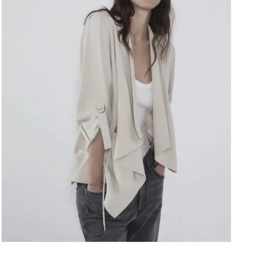 Zara Jacket Small Waterfall Draped Open Front Drawstring Beige Relaxed NEW
